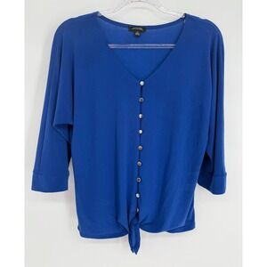 Notation Royal Blue Tie Front Button Up V-Neck Blouse 3/4 Sleeve Sz S